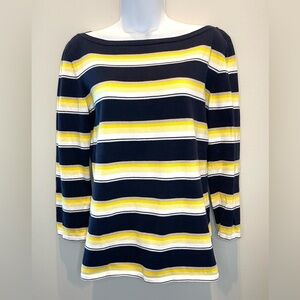 Escada Navy and Yellow Striped Long Sleeve Top M